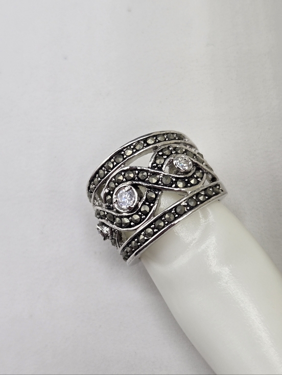 Swarovski Jewelry - Swarovski Crystal Elements Silver Marcasite Ring Wide Band Size 4.5 Wedding Prom